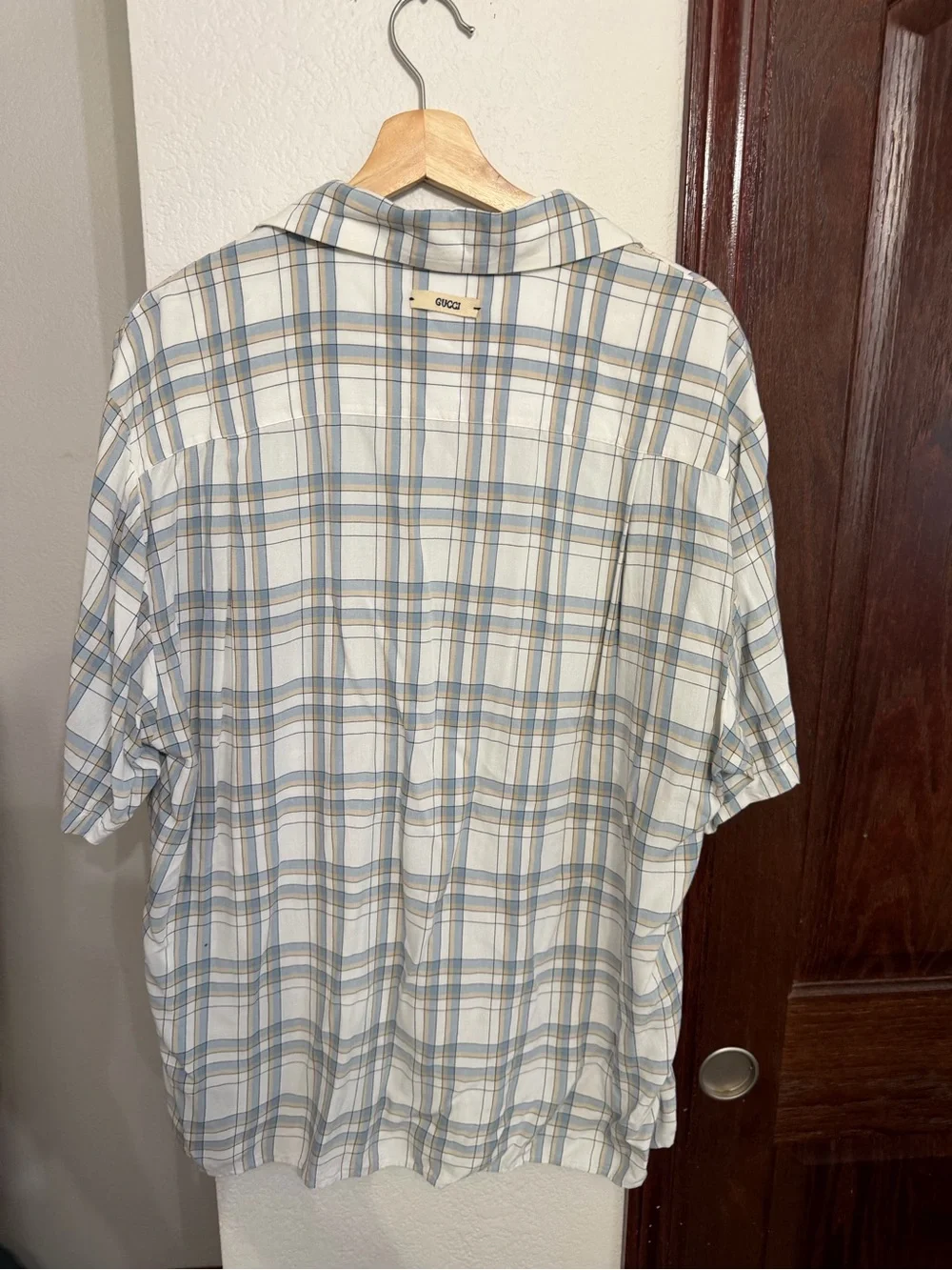 Gucci Plaid Short-Sleeve Button-Up in Light Blue and Cream